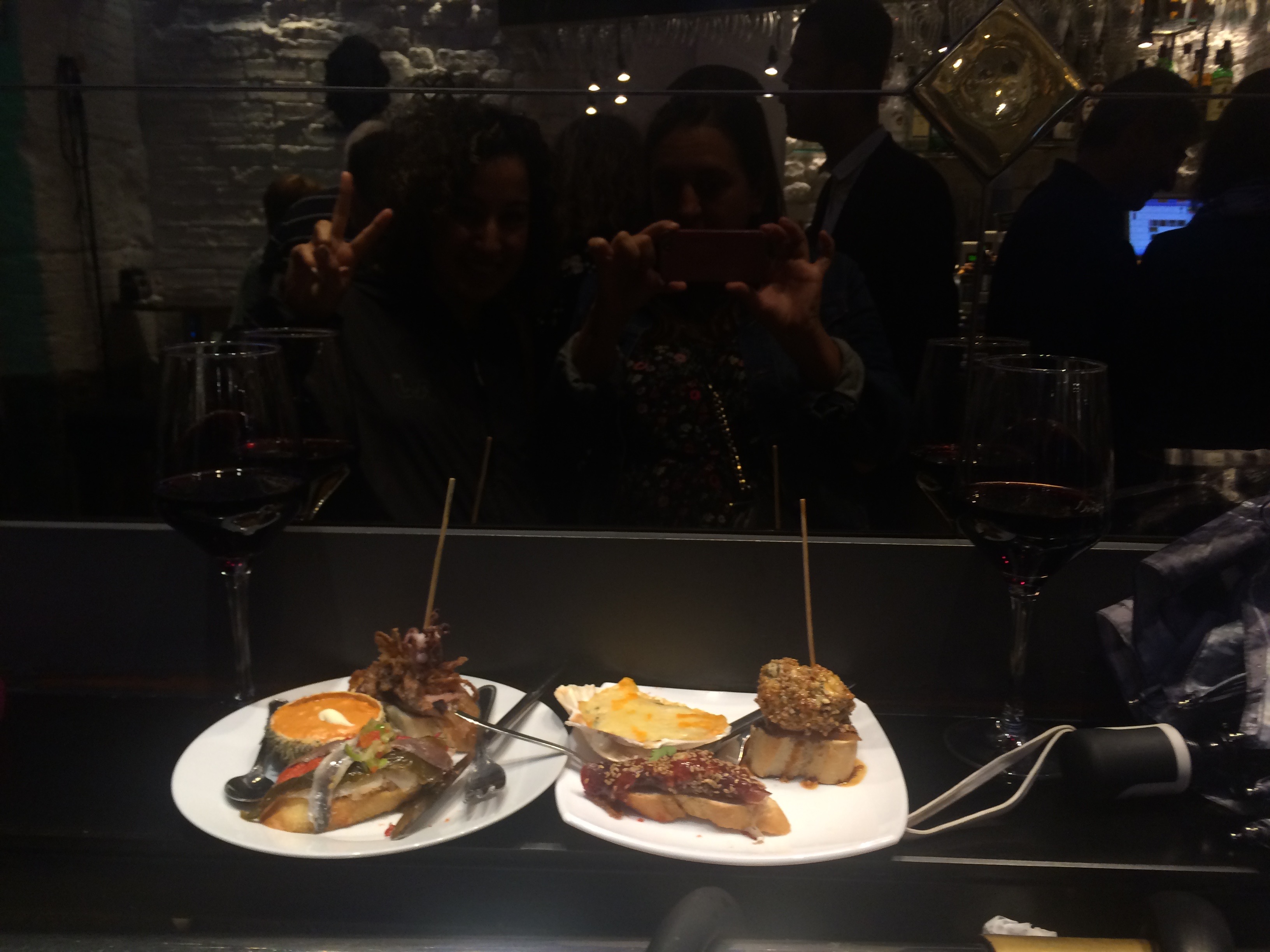 Nidya and Lisa selfie at Pintxos bar on Ledesma Musikariaren Kalea
