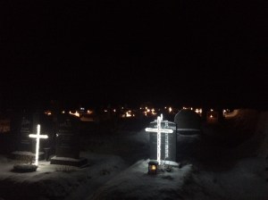 Illuminated crosses at Vik cemetery