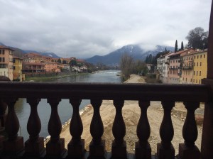 View of the Alps from Ponte Vecchio in Bassano del Grappa