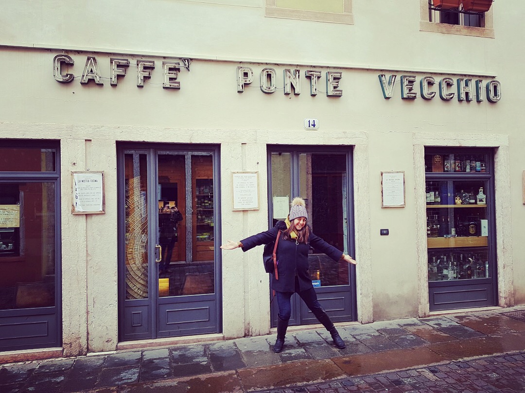 Lisa Vecchio in front of Cafe Ponte Vecchio in Bassano del Grappa